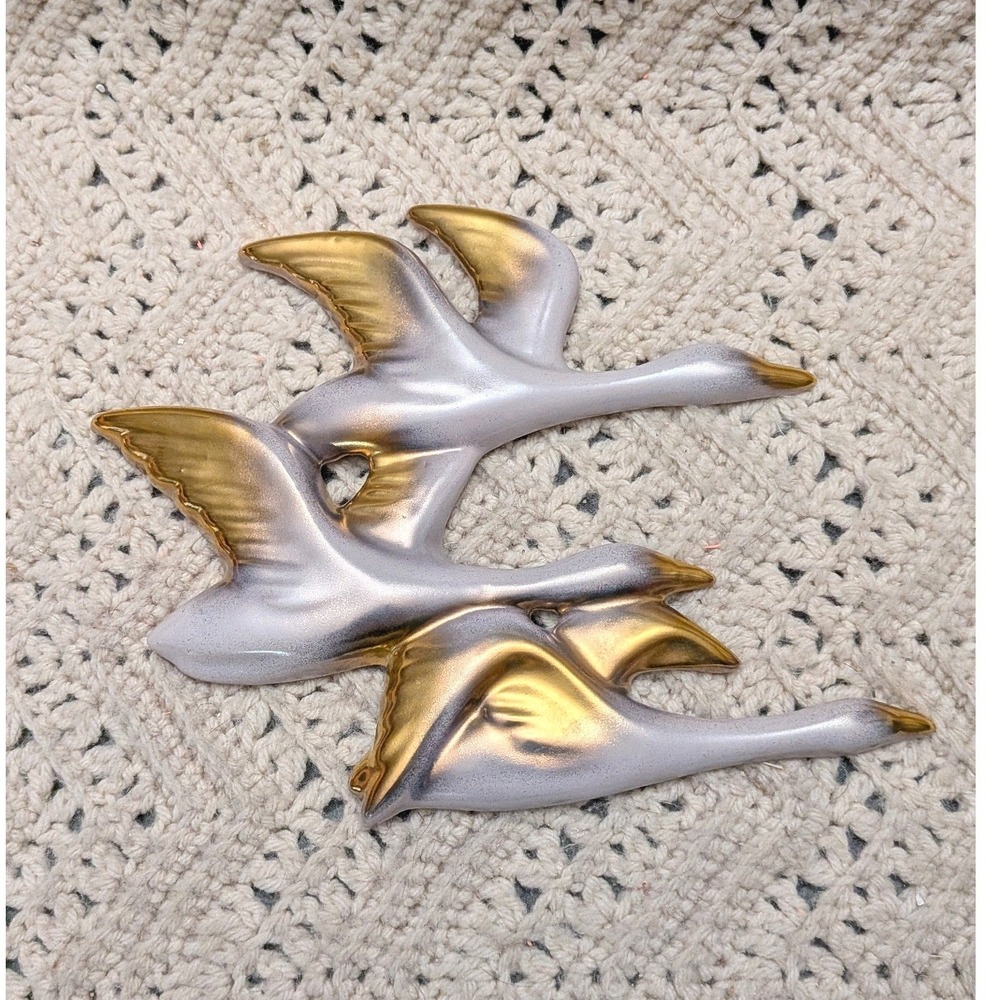 Vintage AWF Norway Ceramic Flying Geese Wall Plaque Gold Lavender Mid Century